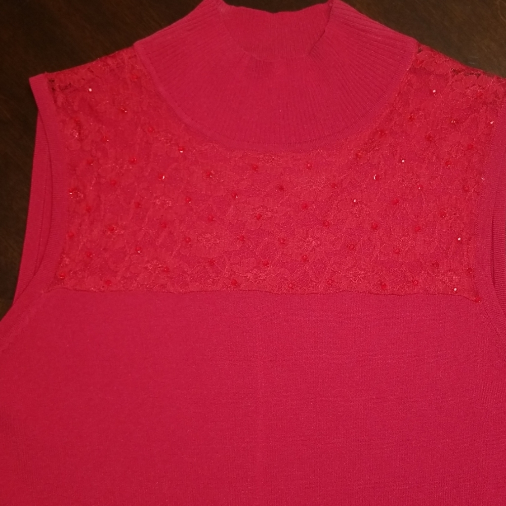 Red tank sweater with lace and red crystals at top